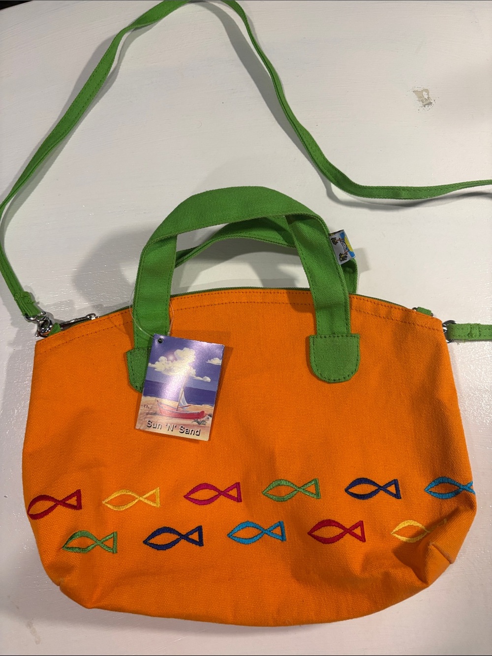 Orange Canvas Tote with Green Handles